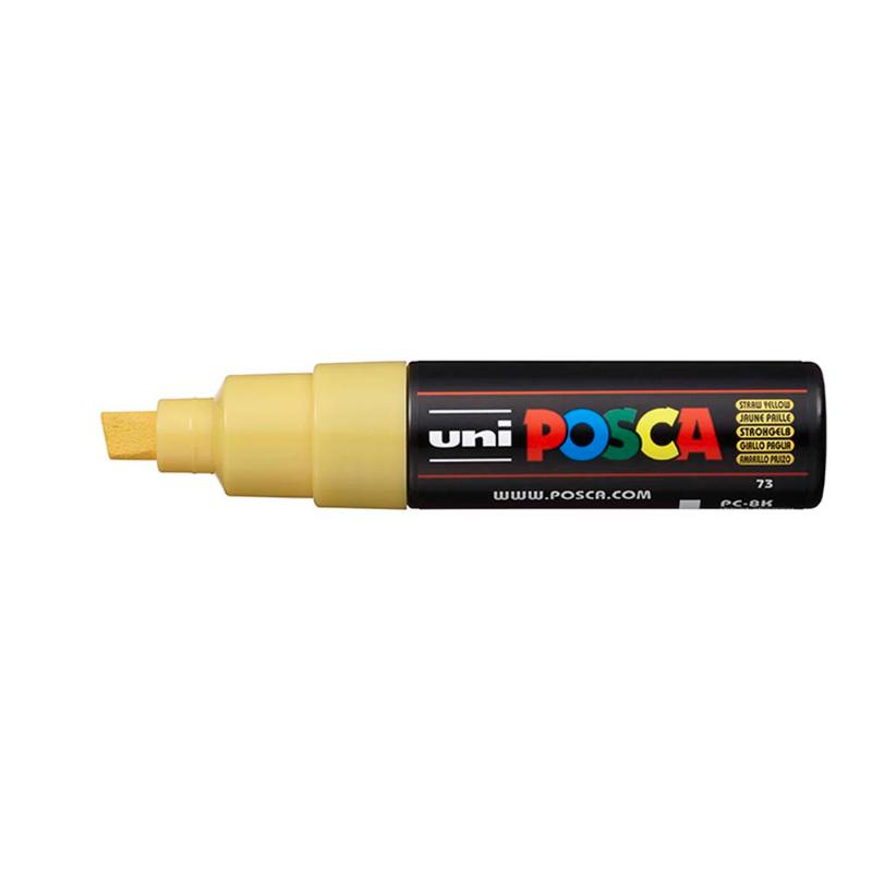 Uni Posca 8.0mm chisel tip marker in vibrant yellow, ideal for artists and crafters on various surfaces.