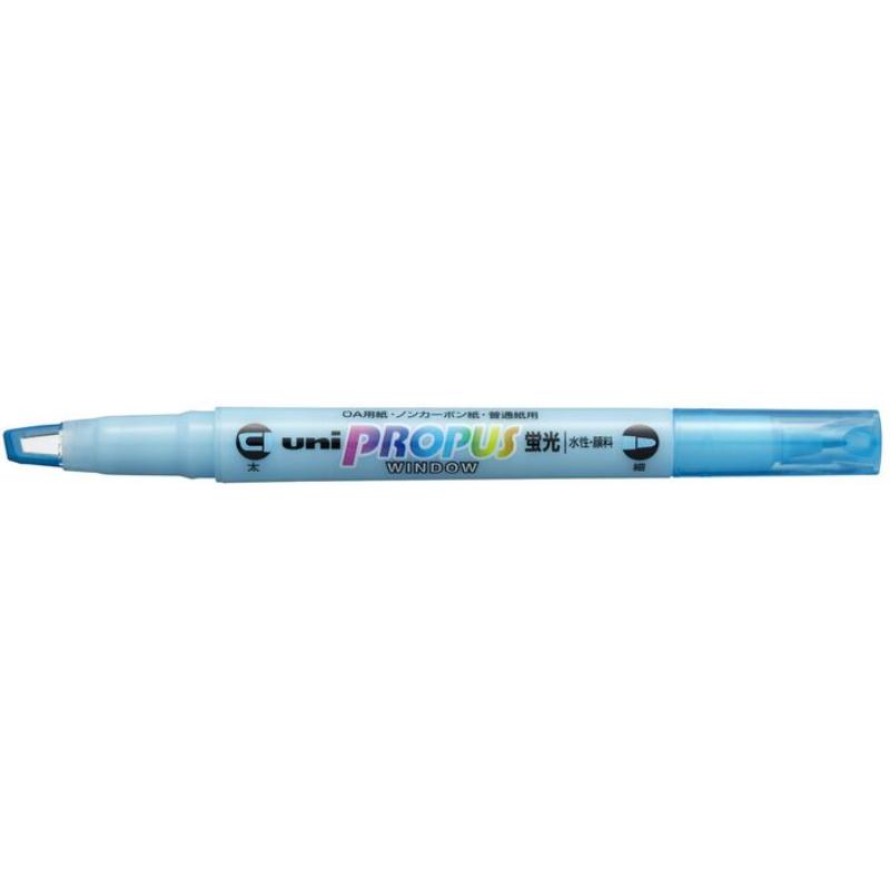 Double-ended light blue highlighter with broad 4.0mm and fine 0.6mm tips, featuring a transparent window for precise highlighting.