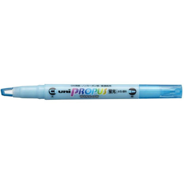 Double-ended light blue highlighter with broad 4.0mm and fine 0.6mm tips, featuring a transparent window for precise highlighting.