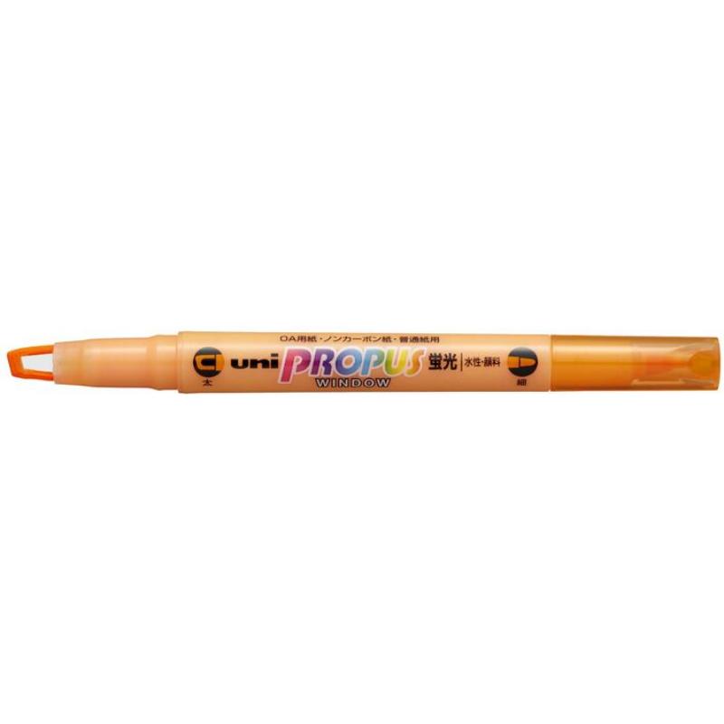 Vibrant orange double-ended highlighter with 4.0mm broad tip and 0.6mm fine tip, featuring a transparent highlighting window.