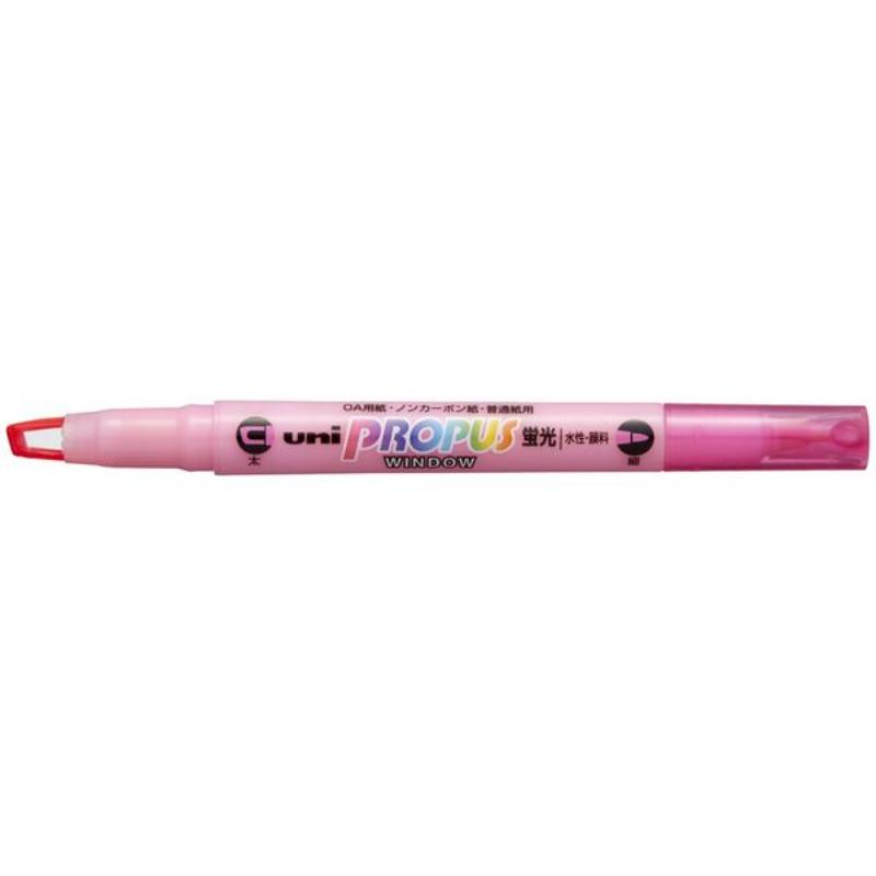Uni Propus Window Double-Ended Highlighter in pink with broad and fine tips, highlighting efficiency and precision.