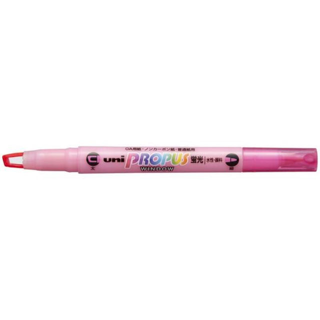 Uni Propus Window Double-Ended Highlighter in pink with broad and fine tips, highlighting efficiency and precision.
