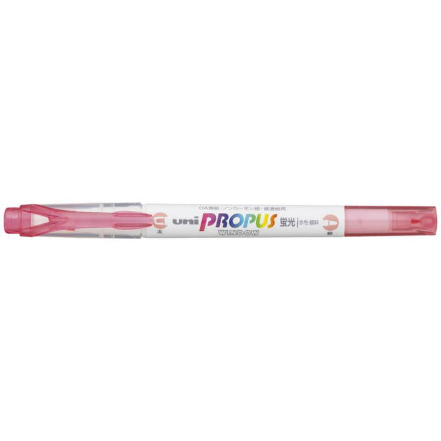 Double-ended Uni Propus Window Highlighter with 4.0mm chisel tip and 0.6mm fine tip, showcasing vibrant ink through a transparent window.