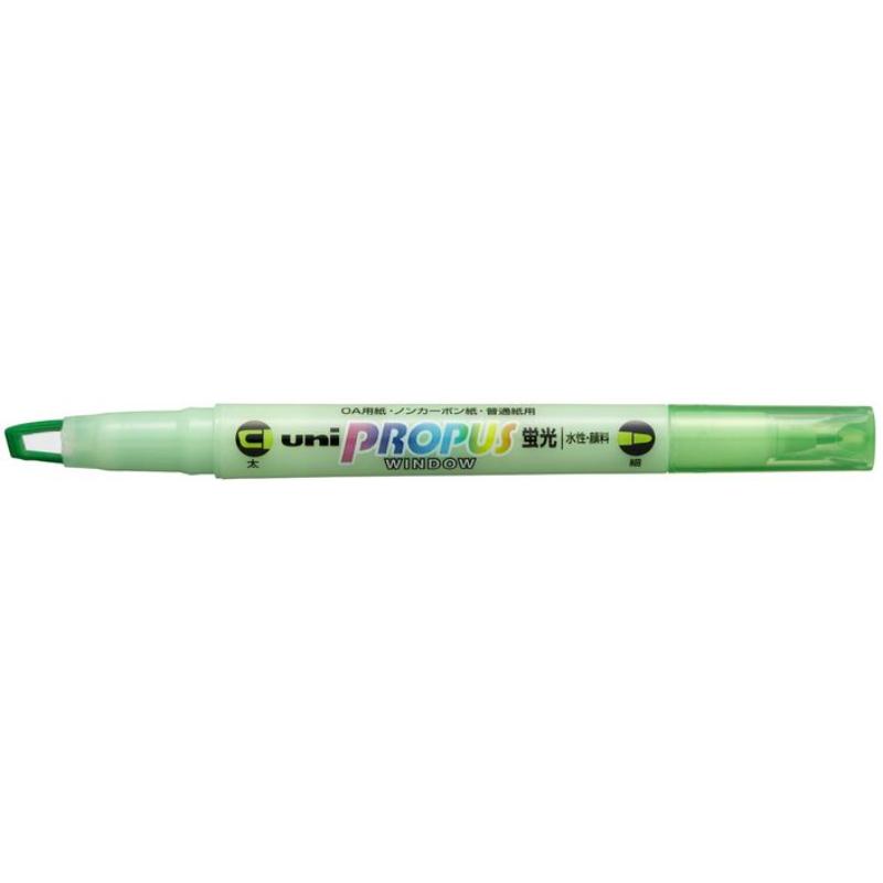 Green double-ended highlighter with 4.0mm chisel and 0.6mm fine tips, featuring a transparent window for precise highlighting.
