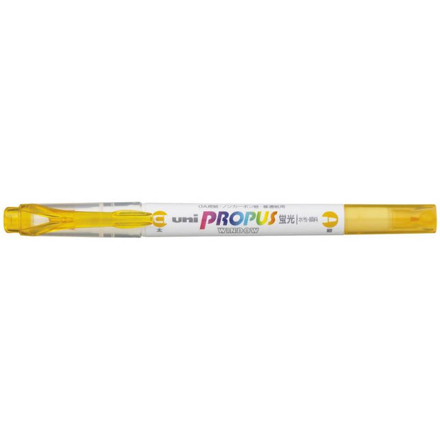 Bright yellow double-ended highlighter with 4.0mm chisel tip and 0.6mm fine tip for precise highlighting and note-taking.