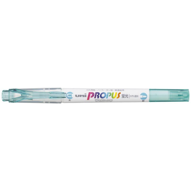 Aqua double-ended highlighter with 4.0mm broad tip and 0.6mm fine tip, featuring a transparent window for precise highlighting.