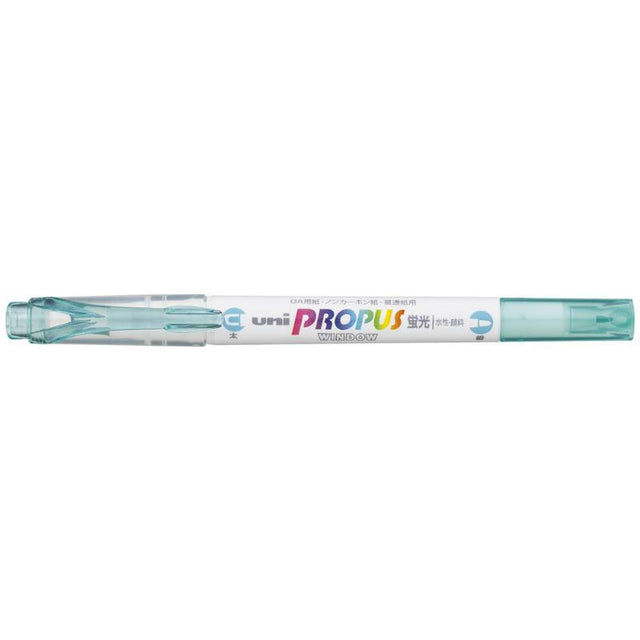 Aqua double-ended highlighter with 4.0mm broad tip and 0.6mm fine tip, featuring a transparent window for precise highlighting.