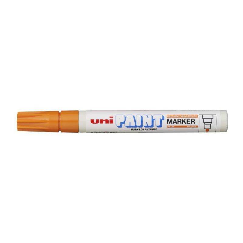 Uni Paint Marker PX-20 in vibrant orange, featuring a 2.8mm bullet tip for precise, durable marking on various surfaces.