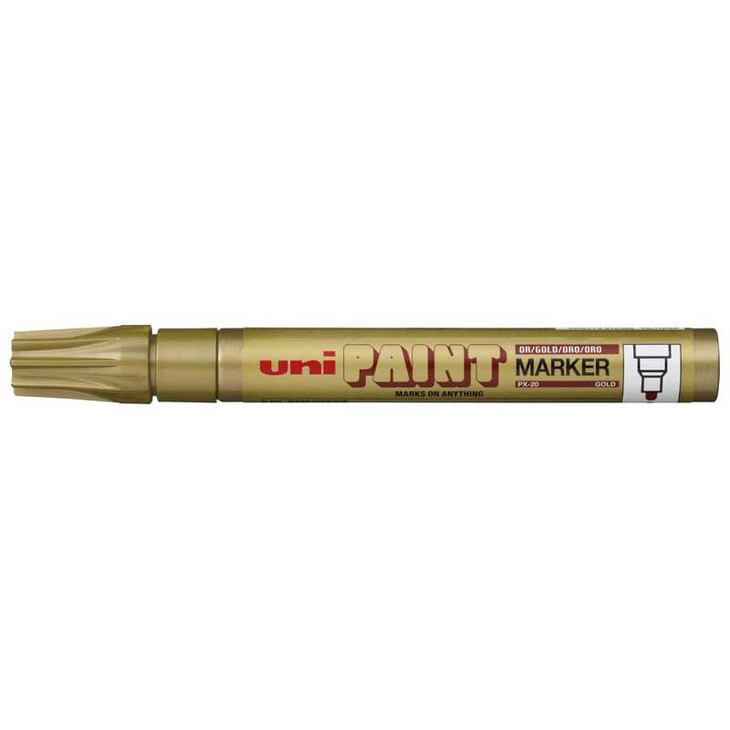 Gold Uni Paint Marker with 2.8mm bullet tip, perfect for permanent markings on various surfaces, including metal and glass.