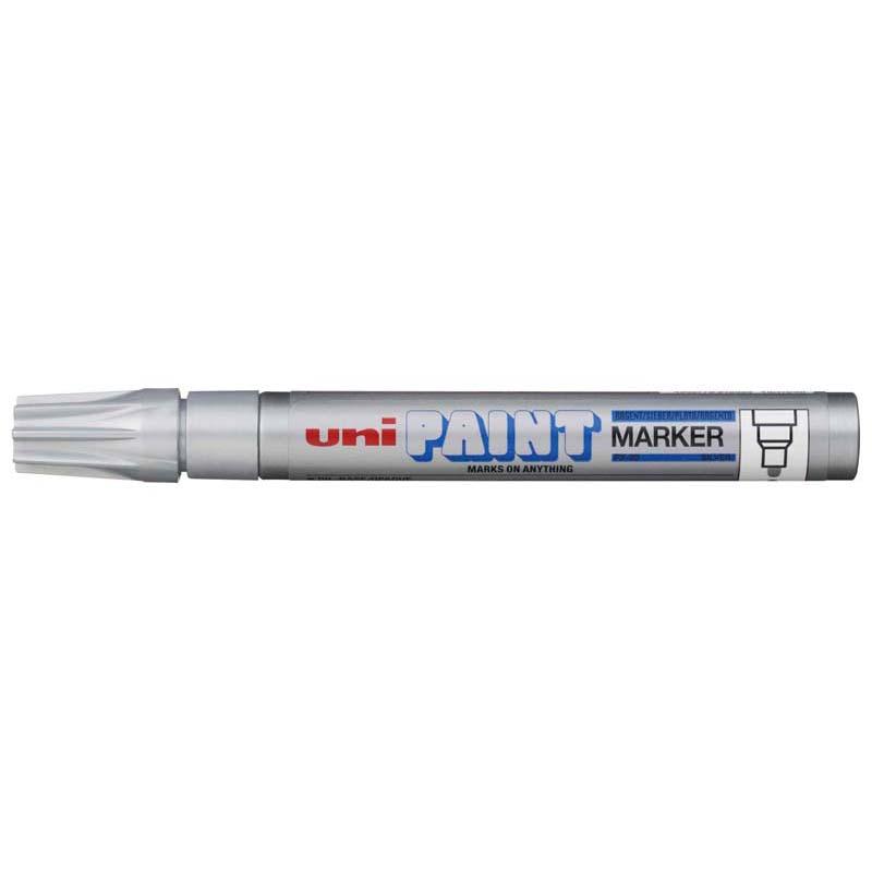 Silver Uni Paint Marker with 2.8mm bullet tip for versatile, permanent marking on various surfaces. Ideal for art and industry.