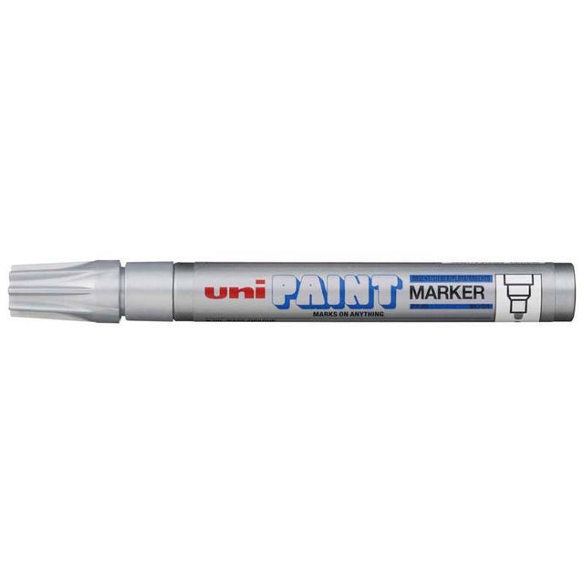 Silver Uni Paint Marker with 2.8mm bullet tip for versatile, permanent marking on various surfaces. Ideal for art and industry.