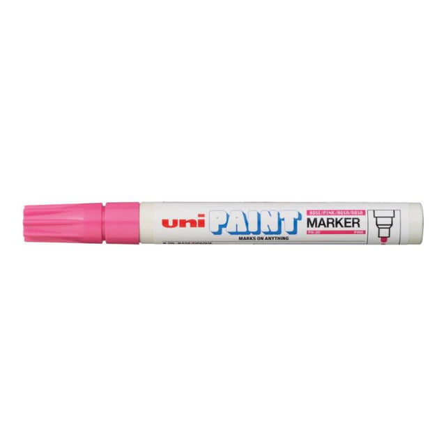 Vibrant pink Uni Paint Marker with a 2.8mm bullet tip, perfect for bold designs on various surfaces.