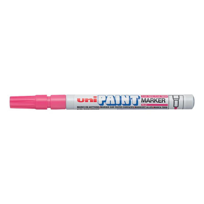 Uni Paint Marker PX-21 in pink with 1.2mm bullet tip, perfect for permanent, detailed designs on various surfaces.