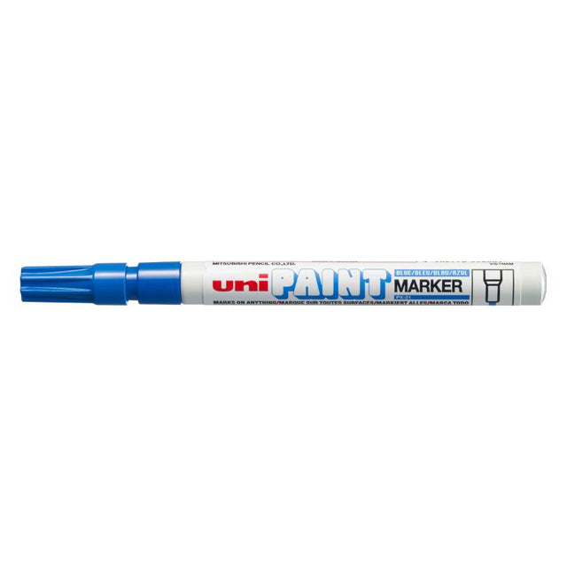 Uni Paint Marker PX-21 with 1.2mm bullet tip in vibrant blue, ideal for permanent marking on various surfaces.