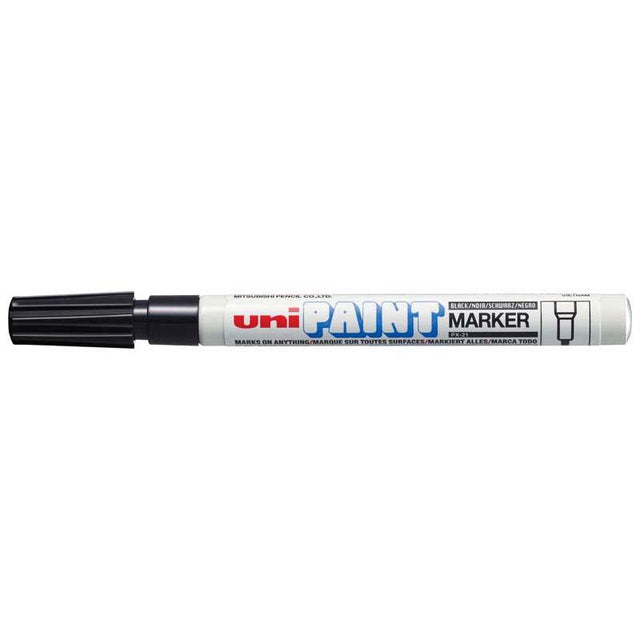 Black Uni Paint Marker PX-21 with a 1.2mm bullet tip for precise, permanent markings on various surfaces.