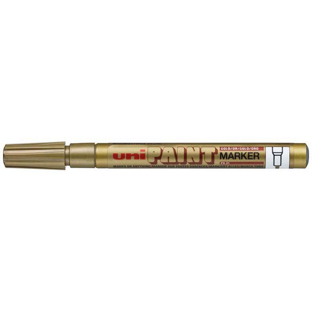 Uni Paint Marker Gold PX-21 with a 1.2mm bullet tip, ideal for precise, durable marking on various surfaces.