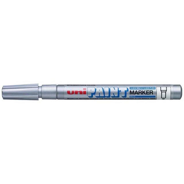 Silver Uni Paint Marker with 1.2mm bullet tip, perfect for precise, permanent markings on various surfaces.