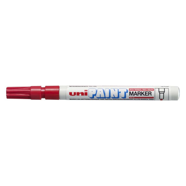 Uni Paint Marker 1.2mm Bullet Tip Red PX-21 for bold, permanent marking on various surfaces with waterproof, fade-resistant ink.