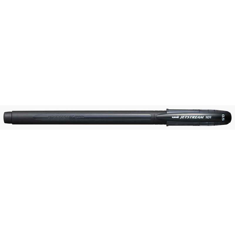 Uni Jetstream 101 Capped Rollerball Pen in black with 0.5mm nib, featuring quick-drying ink for smudge-free writing.