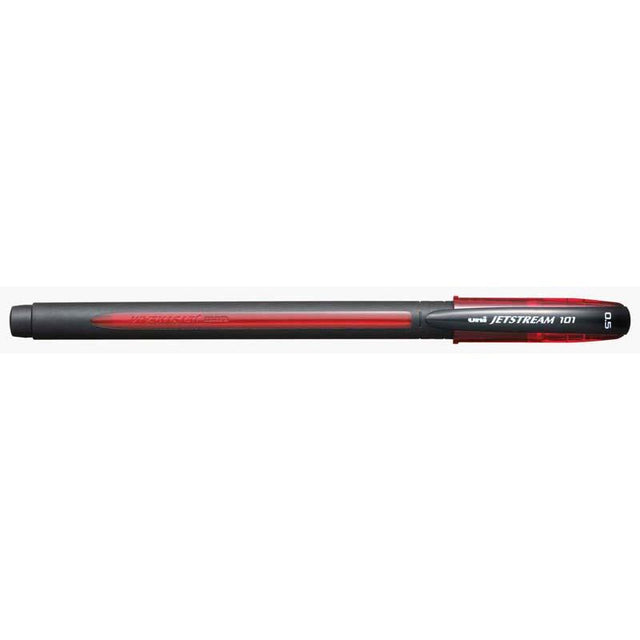 Uni Jetstream 101 Capped 0.5mm Red rollerball pen with smooth, quick-drying ink, ideal for precise writing and left-handed users.