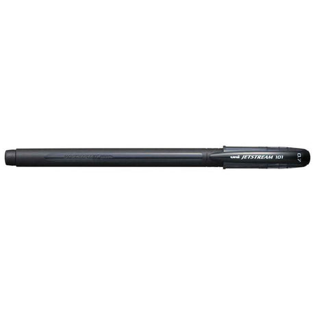 Black Uni Jetstream 101 rollerball pen with 0.7mm nib, featuring quick-drying ink, ideal for smudge-free writing.