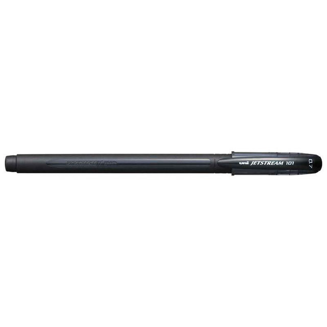 Black Uni Jetstream 101 rollerball pen with 0.7mm nib, featuring quick-drying ink, ideal for smudge-free writing.