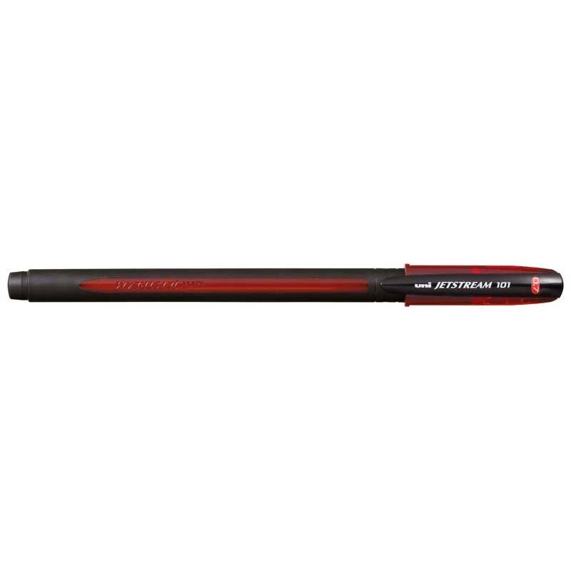 Uni Jetstream 101 capped rollerball pen in red, featuring 0.7mm nib, quick-drying ink, ideal for left-handed writers.