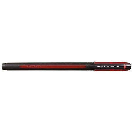 Uni Jetstream 101 capped rollerball pen in red, featuring 0.7mm nib, quick-drying ink, ideal for left-handed writers.