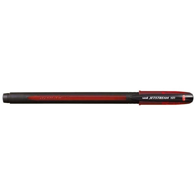 Uni Jetstream 101 capped rollerball pen in red, featuring 0.7mm nib, quick-drying ink, ideal for left-handed writers.