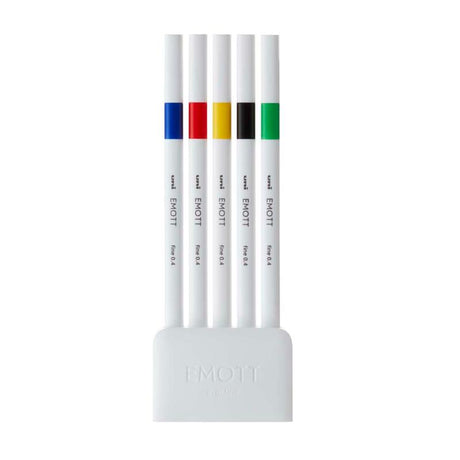 Uni Emott Everfine Fineliners 0.4mm pack showcasing vibrant colors: yellow, green, red, brown, black, and blue, ideal for detailed art.