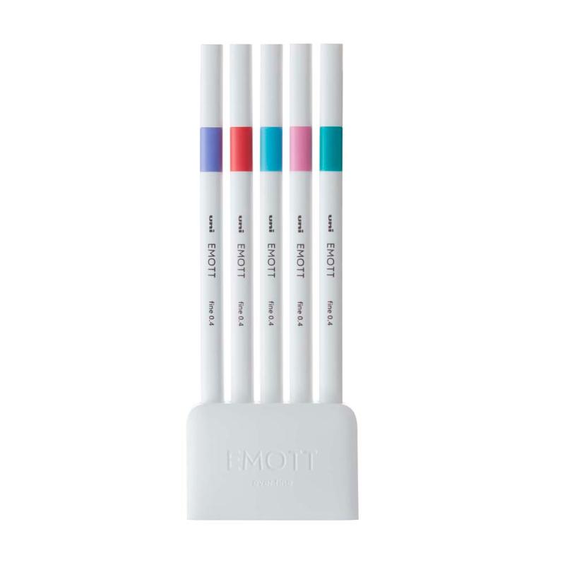 A pack of five Uni Emott Everfine Fineliners in vibrant colors, featuring a precise 0.4mm tip for detailed artwork.