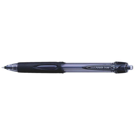 Uni Powertank 0.7mm retractable black ballpoint pen with ergonomic grip and pressurized ink for versatile writing.