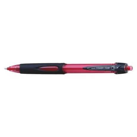 Uni Powertank 0.7mm Retractable Red pen with pressurized ink for smooth writing on wet surfaces and ergonomic grip.