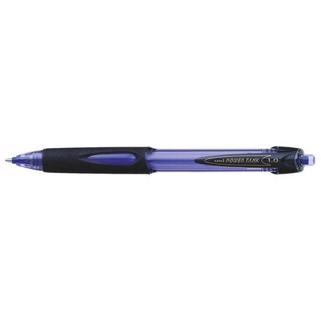 Blue Uni Powertank 1.0mm retractable ballpoint pen with ergonomic grip, pressurized ink, and Super-Ink technology for versatile writing.