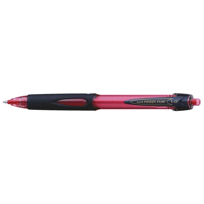 Red Uni Powertank 1.0mm retractable ballpoint pen with ergonomic grip, wet/dry versatility, and Super-Ink technology.