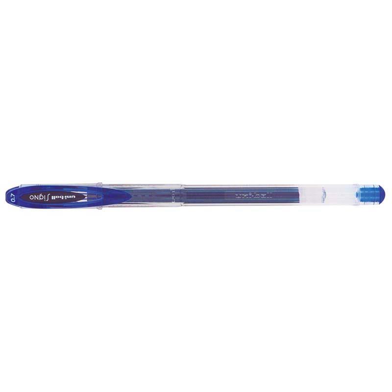 Uni-ball Signo Fine gel pen with 0.7mm nib, vibrant blue waterproof ink, ideal for precise writing and art projects.