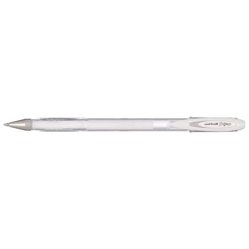 Uni-ball Signo Fine 0.7mm white gel pen with waterproof ink, ideal for precise writing and archival-quality art projects.