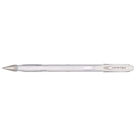 Uni-ball Signo Fine 0.7mm white gel pen with waterproof ink, ideal for precise writing and archival-quality art projects.