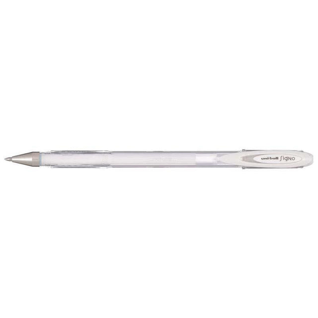 Uni-ball Signo Fine 0.7mm white gel pen with waterproof ink, ideal for precise writing and archival-quality art projects.