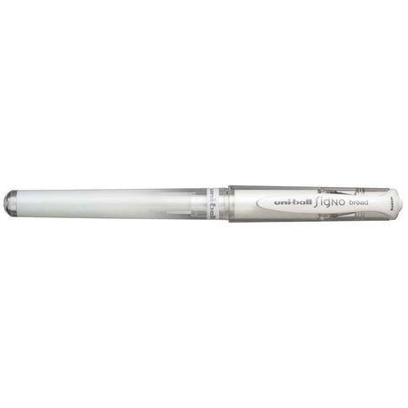 Smooth-writing Uni-ball Signo Broad 1.0mm gel pen in sleek white, featuring acid-free ink and a durable plastic barrel.