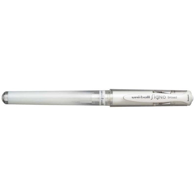 Smooth-writing Uni-ball Signo Broad 1.0mm gel pen in sleek white, featuring acid-free ink and a durable plastic barrel.