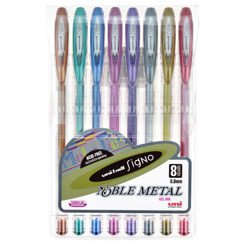 Assorted pack of 8 Uni-ball Signo Noble gel pens with vibrant metallic colors, 0.8mm nib, and transparent barrels.