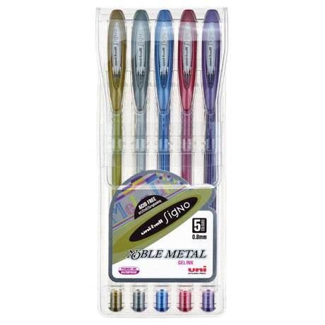 Set of five Uni-ball Signo Noble 0.8mm gel pens in assorted vibrant metallic colors, featuring transparent barrels and pocket clips.