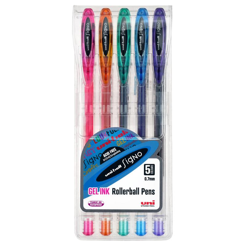 Assorted pack of 5 Uni-ball Signo Fine 0.7mm gel pens with vibrant, water-resistant ink for precise writing and crafting.