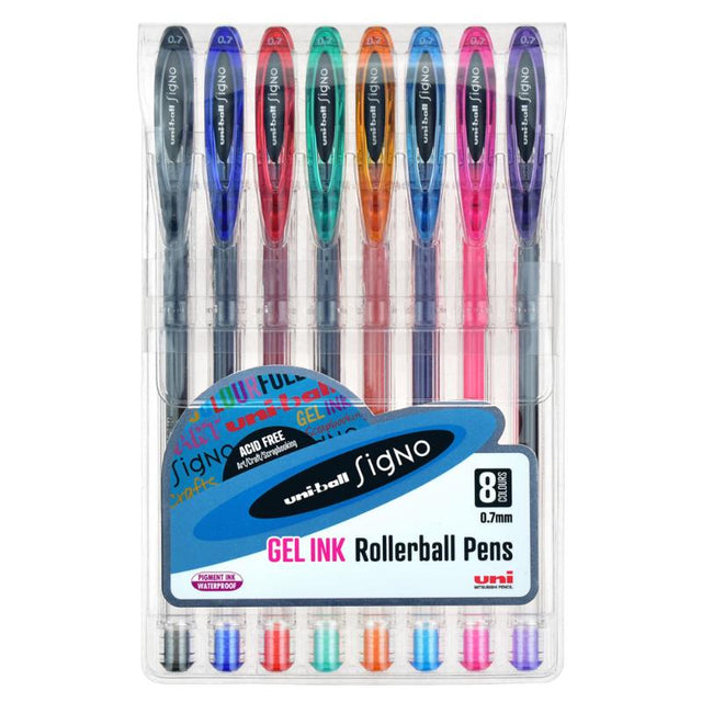 Eight assorted Uni-ball Signo fine gel pens with 0.7mm tips, featuring vibrant, waterproof, acid-free ink for smooth writing.