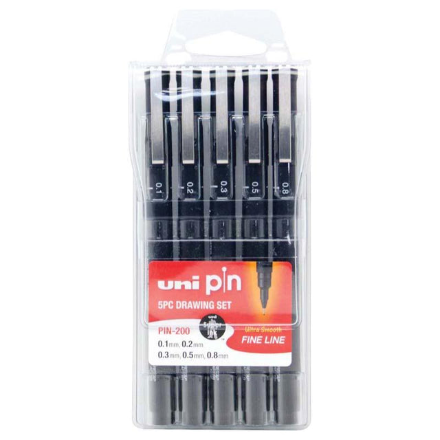 Five-piece Uni Pin Fineline Permanent Drawing Set featuring various nib sizes for precise line work and waterproof ink.