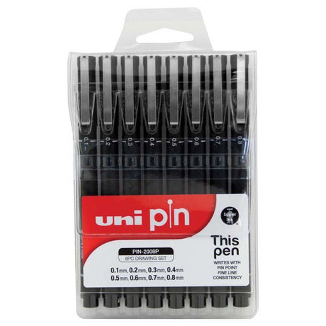 8-piece Uni Pin Fineline Permanent Drawing Set featuring precision tips (0.1mm to 0.8mm) and waterproof, fade-proof black ink.