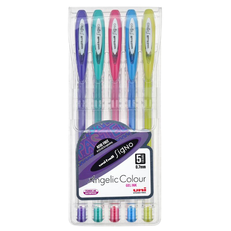 Assorted Uni-ball Signo Angelic gel pens in pastel colors, featuring a 0.7mm nib, waterproof ink, and transparent barrels.