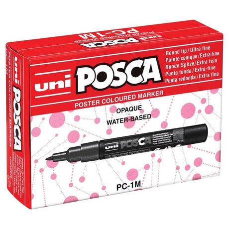 Assorted pack of 12 Uni Posca paint markers with ultra-fine 0.7mm tips in vibrant colors for precise detailing on various surfaces.