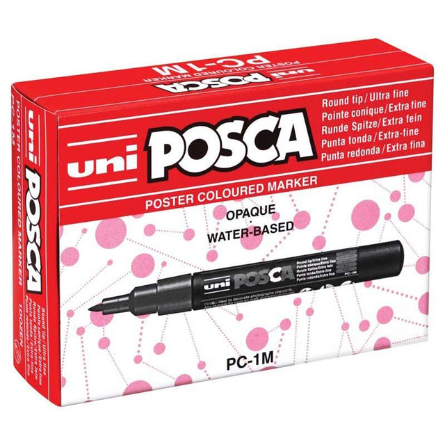 Assorted pack of 12 Uni Posca paint markers with ultra-fine 0.7mm tips in vibrant colors for precise detailing on various surfaces.